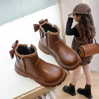 Ботинки для девочек, осенние и зимние, детские короткие ботинки, новые одноклассники, обувь для маленьких девочек, сапоги принцессы с бантом 26 коричневый