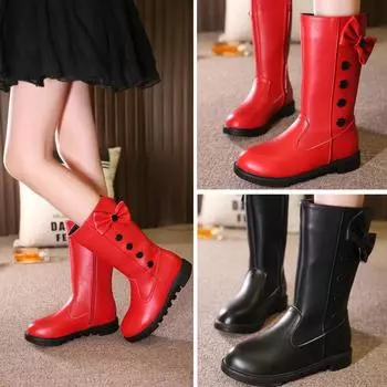 Ботинки для девочек, осенние и зимние, с носком, из натуральной двухслойной коровьей кожи, с бантом, из хлопка, детские сапоги принцессы 26