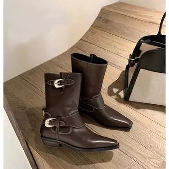 Ботинки для девочек с металлической пряжкой и толстым каблуком в стиле пустыни в стиле вестерн для женщин 34 коричневый