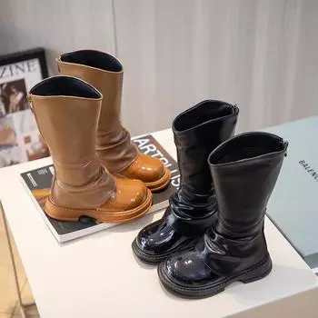 Ботинки для девочек, универсальные, мягкие, подходящие по цвету, глянцевые, 2024, детские туфли, черные, коричневые, дышащие, элегантные, детские, модные, повседневные ботинки 26 хаки