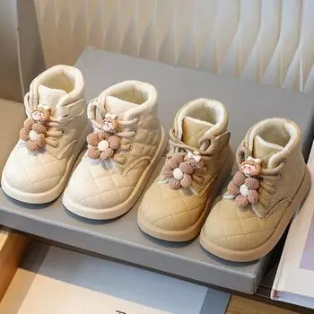 Ботинки для девочек, универсальные, осень-зима, новые, хлопковые, с цветочным принтом, мягкие, детские, модные, кожаные, платформа для прямых поставок 21 хаки