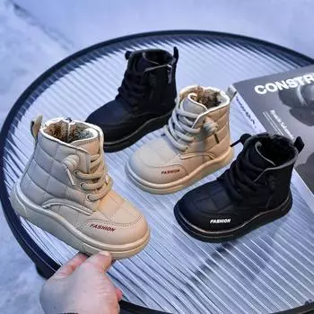 Ботинки для мальчиков, зимние новые детские бархатные теплые ботинки для хлеба, средние и маленькие детские нескользящие ботинки из хлопка с мягкой подошвой 21 чёрный