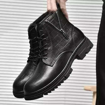 Ботинки для мужчин, модная кожаная обувь, роскошные брендовые ботильоны из натуральной кожи, деловые ботинки, шнурованные мужские туфли на толстой подошве, высокого класса 36 чёрный