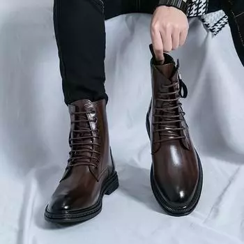 Ботинки для мужчин с боковой молнией, удобные высокие мотоциклетные ботинки, мужская повседневная обувь, коричневые кожаные зимние ботинки на шнуровке с толстой подошвой 38 чёрный