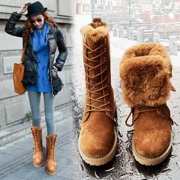 Ботинки для снега из натуральной кожи и меха, женская подошва из натуральной кожи, осенние и зимние ботинки, теплая и мягкая толстая хлопковая обувь больших размеров 35 чёрный