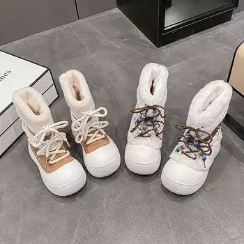 Ботинки для снега с меховой вставкой, женские, симпатичные, модные, короткие, с толстой подошвой, удобные, в иностранном стиле, большие, хлопковые ботинки 35 хаки