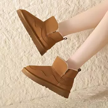 Ботинки для снега женские с меховой отделкой 2024 года, зимние новые универсальные утепленные короткие ботинки из бархата, нескользящие, на толстой подошве, теплые, из хлопка 35 чёрный