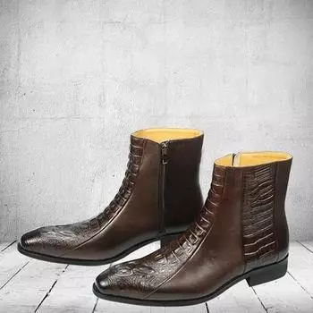 Ботинки для вечеринок для мужчин, осенние рабочие ботинки из натуральной кожи с острым носком в винтажном стиле, изысканные застежки-молнии с гравировкой под крокодила, Botas Masculino 39 чёрный