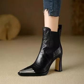 Ботинки для женщин на открытом воздухе, тонкий каблук, острый носок, зимние однотонные 2024, высококачественные модные женские ботильоны Botines Mujer 35 чёрный