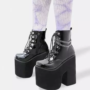 Ботинки до щиколотки для ночного клуба, высота 17 см, женские туфли на очень толстом платформе и каблуке, обувь в готическом стиле в стиле панк, сексуальные вечерние ботинки с цепочкой для девочек 35 чёрный