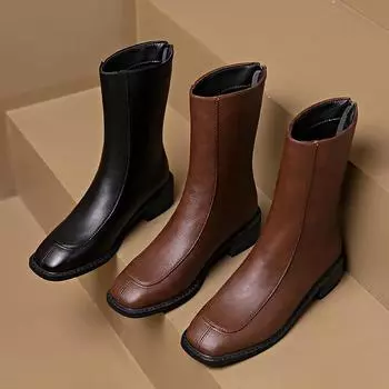 Ботинки до середины голени в стиле ретро с застежкой-молнией сзади, квадратным носком, на толстом каблуке, женские осенне-зимние туфли, черные, коричневые, короткие, челси, Botas De Mujer 35 чёрный