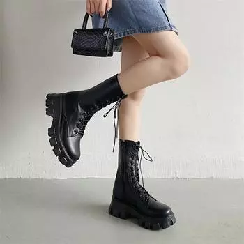 Ботинки до середины голени женские весна осень мода шнуровка дамы челси молния ботинки спортивная платформа каблук женская обувь плюс размер 40 белый