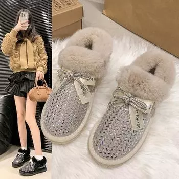 Ботинки Fairy Wind Bright Diamond Snow Boots женские зимние с подкладкой, утолщенные, с педалью, с плоской подошвой, с короткими волосатыми цилиндрическими ботинками из хлопка 35 бежевый