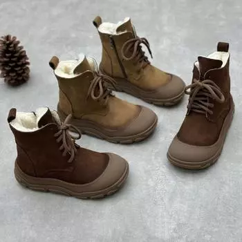 Ботинки Fur One из натуральной кожи и хлопка, винтажные женские ботинки ручной работы Baotou с толстой подошвой 35 хаки