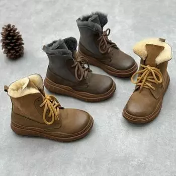 Ботинки Fur One из натуральной кожи и хлопка, винтажные, ручной работы, с круглым носком и толстой подошвой 35 коричневый