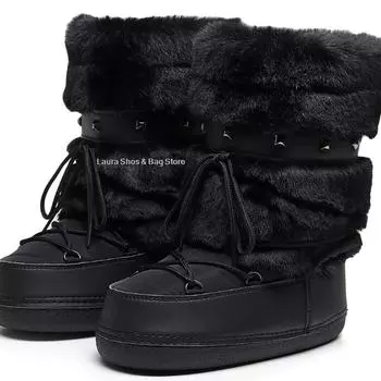 Ботинки Furry Fur Snow Boots Women Boots Punk Black Fashion Rivet Winter Boots Теплые хлопковые ботинки Нескользящие лыжные ботинки Space длиной до середины голени 35-37(22.5-23.5cm) чёрный
