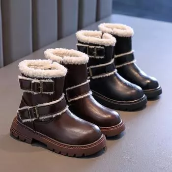 Ботинки из черной кожи для девочек на платформе, простые, шикарные, зимние, детские, модные, повседневные, универсальные, детские, хлопковые, британского стиля 27 чёрный