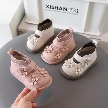 Ботинки из хлопка для девочек, детская обувь для ходьбы на мягкой подошве, модные цветочные милые детские ботиночки принцессы 16 бежевый