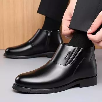 Ботинки из хлопковой кожи мужские зимние бархатные утолщенные шерстяные теплые хлопковые туфли нескользящие деловые повседневные мужские высокие мужские туфли 38 чёрный