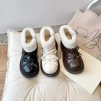 Ботинки из кожи для девочек, детские ботильоны в стиле принцессы с хлопком, зимние новые модные детские короткие ботинки 2024 года с двойными бантами 26 чёрный