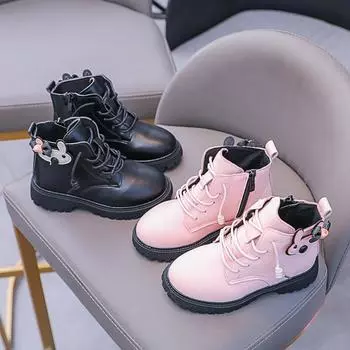 Ботинки из кожи для девочек, детские модные короткие ботинки, мягкая подошва, британский стиль, детские сапоги принцессы, все цвета 2024, осень-зима 23 розовый