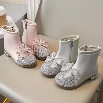 Ботинки из кожи для девочек, осень-зима, новые повседневные одинарные ботинки, модные ботильоны для принцесс, ботильоны с бабочками и стразами 27 серебряный