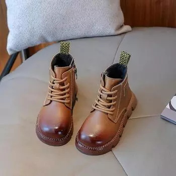Ботинки из кожи для девочек, осенние, новые, британские, ботильоны, нескользящие, короткие, для мальчиков, хлопковые, детские, модные, повседневные, простые 26 чёрный