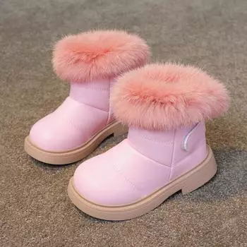 Ботинки из кожи для девочек, теплые, плюшевые, однотонные, детские, короткие, универсальные, нескользящие, модные детские ботинки, нескользящие, размер 21-30 21 чёрный