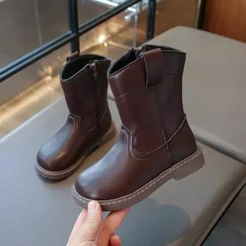 Ботинки из кожи для девочек в стиле ретро, весна-осень, модные детские повседневные ботинки, однотонные, в стиле пэчворк, новые детские ботильоны на молнии 26 чёрный
