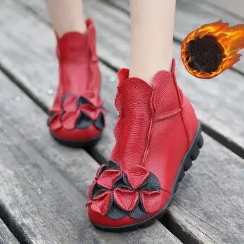 Ботинки из кожи Guenine Flower, сохраняющие тепло, ботильоны, классические, ретро, массивные ботинки 35