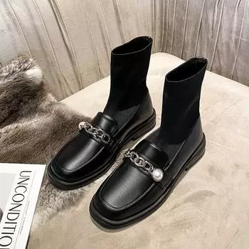 Ботинки из кожи с металлическими цепями и эластичным трикотажным носком Botas Mujer Pearl Beading Chelsea Bottines Short Women Boots 35