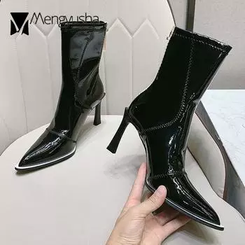 Ботинки из лакированной кожи с металлическим носком, женские, блестящие, до середины голени, на молнии, на тонком высоком каблуке, с острым носком, разноцветные, челси, ботиночки 4.5 чёрный