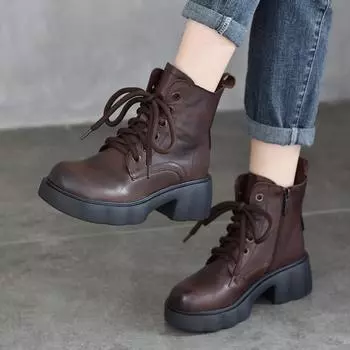 Ботинки из натуральной кожи и хлопка с плюшевым утеплителем Ботинки Martin для женщин, осенне-зимние полусапожки в стиле ретро на толстой подошве для детей 35