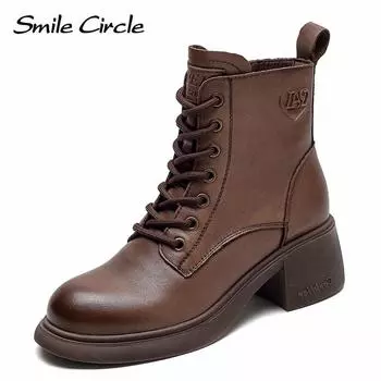 Ботинки из натуральной кожи, женские ботильоны на высоком каблуке с боковой молнией, модные ретро-сапоги на толстой подошве