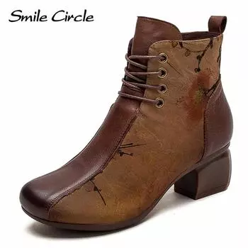 Ботинки из натуральной кожи, женские ботильоны на высоком каблуке с круглым носком, винтажные повседневные ботинки на толстой подошве