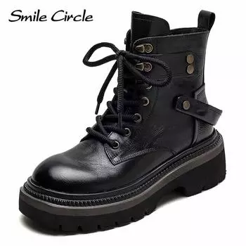 Ботинки из натуральной кожи, женские ботильоны на платформе с круглым носком, модные повседневные ботинки на толстой подошве 35 чёрный