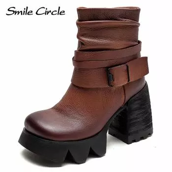 Ботинки из натуральной кожи, женские ботильоны на высоком каблуке с боковой молнией, модные ретро-сапоги на толстой подошве 35 коричневый