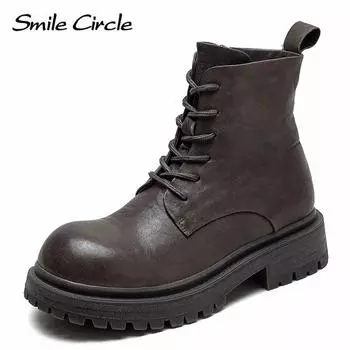 Ботинки из натуральной кожи, женские ботильоны с круглым носком и боковой молнией, модные ретро-сапоги на толстой подошве 35 серый