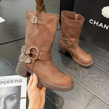 Ботинки из натуральной кожи женские до середины голени с металлической пряжкой дизайнерские женские ботильоны в стиле ретро на толстом каблуке и платформе Botines 35