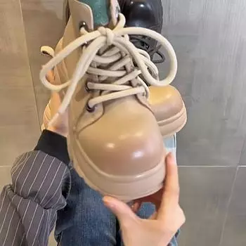 Ботинки из натуральной кожи, женские удобные туфли на платформе с круглым носком и толстым каблуком, осенне-зимние короткие сапоги 35 бежевый