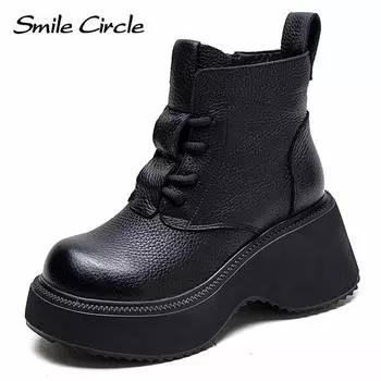 Ботинки из натуральной кожи, женские высокие ботильоны с круглым носком, модные повседневные сапоги на толстой подошве