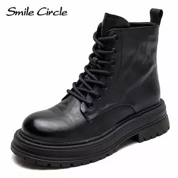 Ботинки из натуральной кожи, женские высокие ботильоны с круглым носком, модные повседневные сапоги на толстой подошве 39 чёрный