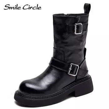 Ботинки из натуральной кожи, женские зимние плюшевые ботильоны, модные ретро-сапоги на толстой подошве 36 чёрный