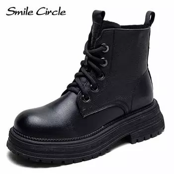 Ботинки из натуральной кожи, женские зимние теплые ботильоны, модные повседневные ботинки на толстой подошве