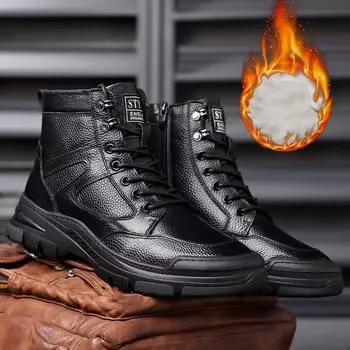 Ботинки из натуральной кожи, зимние ботинки из коровьей кожи, мужские шерстяные, очень теплые, удобные, нескользящие, мужские зимние ботинки 38 чёрный