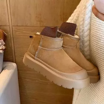 Ботинки из телячьей кожи, термосапоги из хлопка, толстая подошва, водонепроницаемая овчина и мех, пушистые короткие ботинки, женские зимние ботинки 34