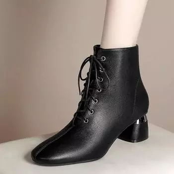 Ботинки Ji на толстом каблуке, женские кожаные туфли со шнуровкой, черные ботинки в стиле ретро на среднем каблуке 34