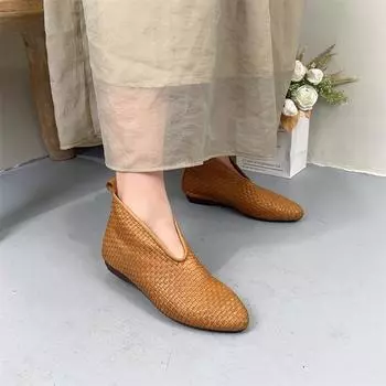 Ботинки Johnature Retro из натуральной кожи, плетеные вручную, женские, слипоны, короткие, с острым носком на плоской подошве 35 верблюд