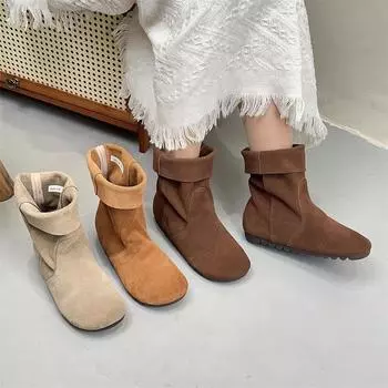 Ботинки Johnature Retro из нубуковой кожи до середины голени с круглым носком и плоской подошвой, однотонные женские туфли 35 легкие хаки