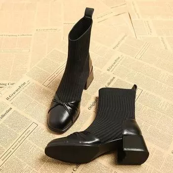 Ботинки кожаные короткие туфли для женщин черные женские ботильоны эластичные носки обувь зима 2024 удобные и элегантные ботинки 35